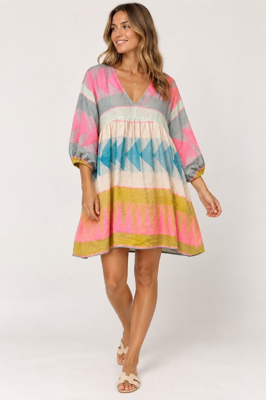 Bianca Paris Neon Pink and Blue Ikat Mini Dress bohemian-style One Size